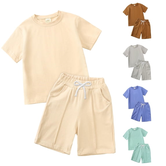 SGMVNU Boys Shorts Set Soft Cotton Short Sleeve Shirt and Matching Casual Shorts Solid Color 2 Piece Summer Outfits, Size 1-2 Years, Khaki