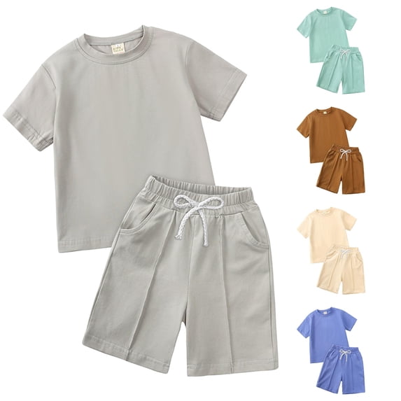 SGMVNU Boys Shorts Set Soft Cotton Short Sleeve Shirt and Matching Casual Shorts Solid Color 2 Piece Summer Outfits, Size 6-7 Years, Grey