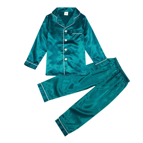 SGMVNU Boys Sleepwear Pajamas Kids Girl Boy Satin Pajamas Set Button Down Sleep Shirt Top Long Pants Bottoms Sleepwear Holiday Loungewear Size 2-3 Years,Green