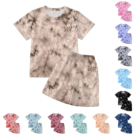 SGMVNU Boys Summer 2 Piece Outfits Tie Dye Casual Shorts Set Short Sleeve T Shirt and Matching Shorts Kids Daily Wear, Size 12-13 Years, Khaki