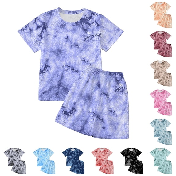 SGMVNU Boys Summer 2 Piece Outfits Tie Dye Casual Shorts Set Short Sleeve T Shirt and Matching Shorts Kids Daily Wear, Size 3-4 Years, Light Purple