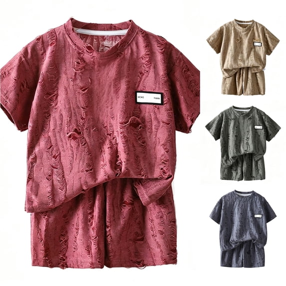 SGMVNU Boys Summer Fashion Shorts Set Distressed Ripped Short Sleeve Shirt and Matching Shorts 2 Piece Casual Outfits, Size 3-4 Years,