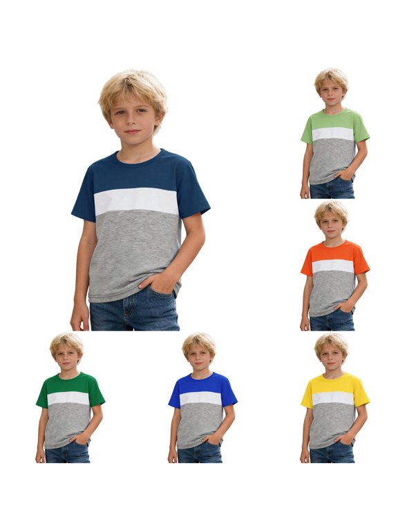 Boys Summer Tops T-Shirt Color Block Crewneck Short Sleeve Loose Fit Back to School Athletic Shirts Kids Clothes, Size 12-13 Years, Navy
