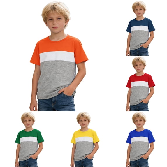 SGMVNU Boys Summer Tops T-Shirt Color Block Crewneck Short Sleeve Loose Fit Back to School Athletic Shirts Kids Clothes, Size 4-5 Years, Orange