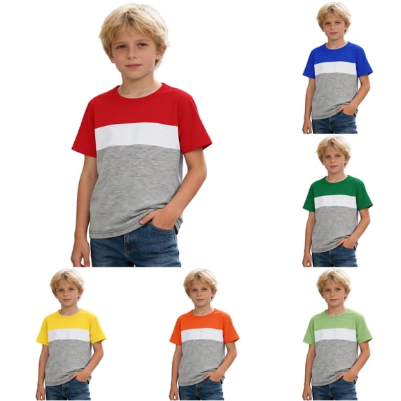 SGMVNU Boys Summer Tops T-Shirt Color Block Crewneck Short Sleeve Loose Fit Back to School Athletic Shirts Kids Clothes, Size 6-7 Years, Red
