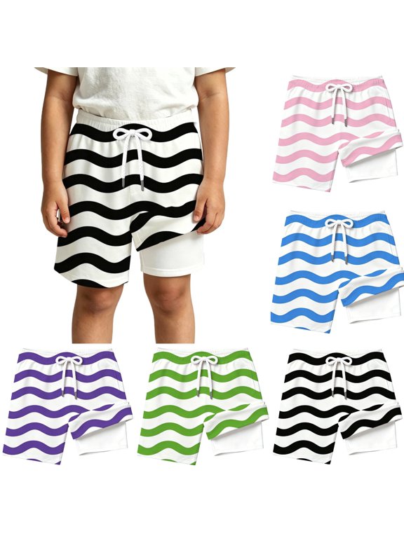 Boys Swim Trunks with Compression Liner Tropical Print Bathing Suit Beach Swimsuit Tween Kids Swim Shorts, Size 9-10 Years, qu1-Black