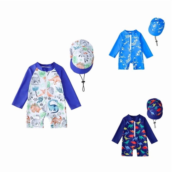 SGMVNU Boys Swimwear Print Zip Up Toddler 1 Piece Swimsuit with Swim Cap Sun Rashguard for Beach Pool Blue Size 3-4 Years