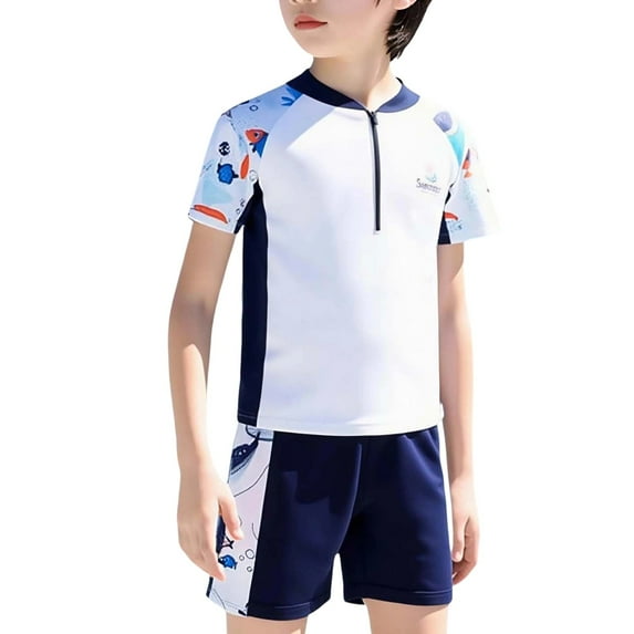 SGMVNU Boys Two Piece Swimsuit Boys Swimsuits 4-16 Short Sleeve Zipper up Swimwear with Boyshorts Summer Beach Pool Bathing Suits,Size 11-12 Years,Blue