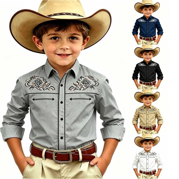 SGMVNU Boys Vintage Western Cowboy Shirt Long Sleeve Button Down Fitted Retro Dress Shirt Halloween Top, Size 6-7 Years, Grey
