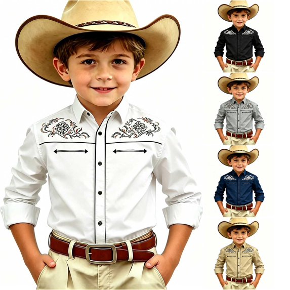 SGMVNU Boys Vintage Western Cowboy Shirt Long Sleeve Button Down Fitted Retro Dress Shirt Halloween Top, Size 6-7 Years, White