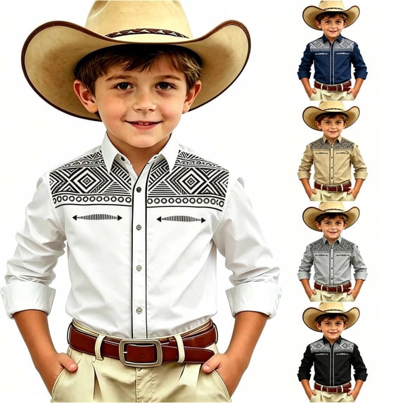 SGMVNU Boys' Western Cowboys Shirts Long Sleeve Button Down Dress Shirt Kids Retro Tops Halloween Top, Size 8-9 Years, White