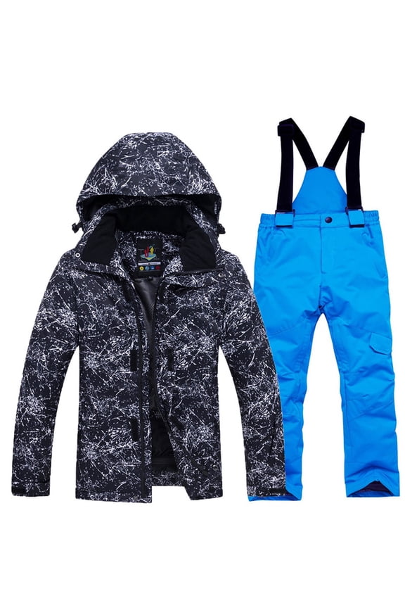 Boys and Girls Snowsuit Set Winter Hooded Padded Jacket and Overall Bib Pants Kids 2 Piece Ski Suits Snowboard Outfit Size M Blue