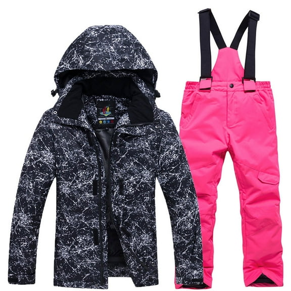 SGMVNU Boys and Girls Snowsuit Set Winter Hooded Padded Jacket and Overall Bib Pants Kids 2 Piece Ski Suits Snowboard Outfit Size S Pink