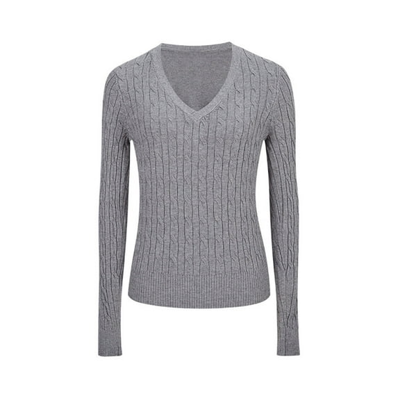 SGMVNU Basic Sweaters for Women, Women's Cable Knit V Neck Sweater Slim Fit Long Sleeve Knitwear Casual Pullover Knitted Tops Grey S