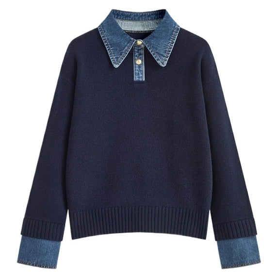 SGMVNU Sweaters for Women Fall Oversized Long Sleeve Sweaters 2 in 1 Denim Panel Lapel Sweater Lapel Collar Knit Sweater Tops Navy L