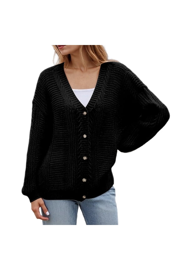 Cardigan Sweaters for Womens Fall Casual Cable Knit Jackets Button Down Long Sleeve Open Front Cardigans Coats Black, Size M