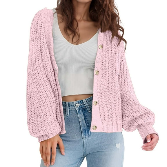 SGMVNU Cardigans for Women Knit Open Front Sweater Long Sleeve Button Loose Short Cardigan Outerwear Coats Pink, Size M