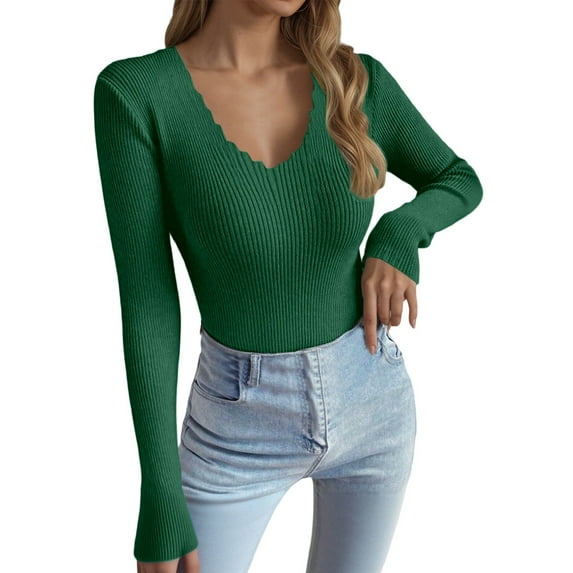 SGMVNU Sweaters for Women V Neck Soft Knit Ribbed Sweater Basic Long Sleeve Pullover Knits Top Lightweight Fall Outfits Dark Green XL