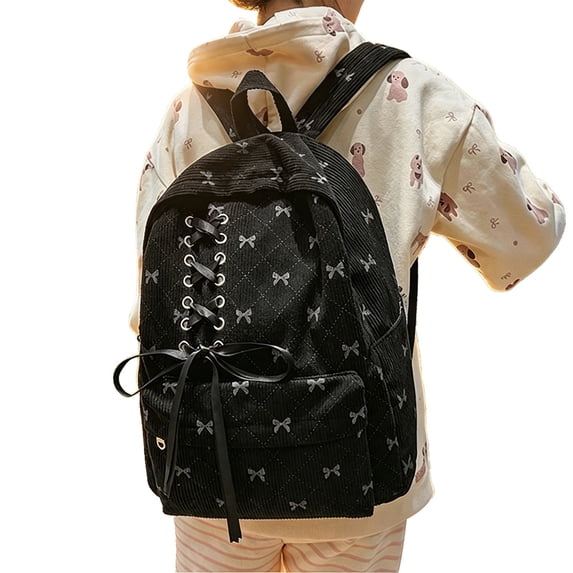 SGMVNU Corduroy Backpack for Middle High School Students, Ribbon Lace-up Bowknot Schoolbag Female Fashion Daypack, Black