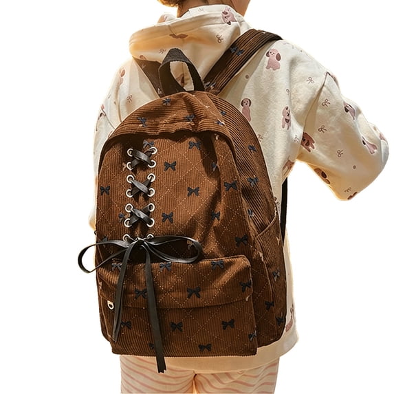SGMVNU Corduroy Backpack for Middle High School Students, Ribbon Lace-up Bowknot Schoolbag Female Fashion Daypack, Brown