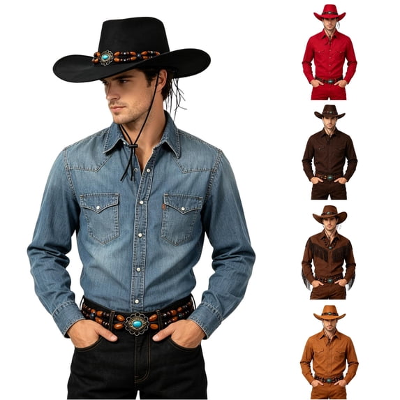 SGMVNU Cowboy Hat for Men with Turquoise Hatband Woolen Felts Wide Brim Vintage Party Western , Black, One Size