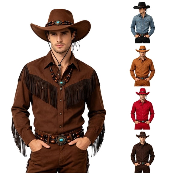 SGMVNU Cowboy Hat for Men with Turquoise Hatband Woolen Felts Wide Brim Vintage Party Western , Khaki, One Size