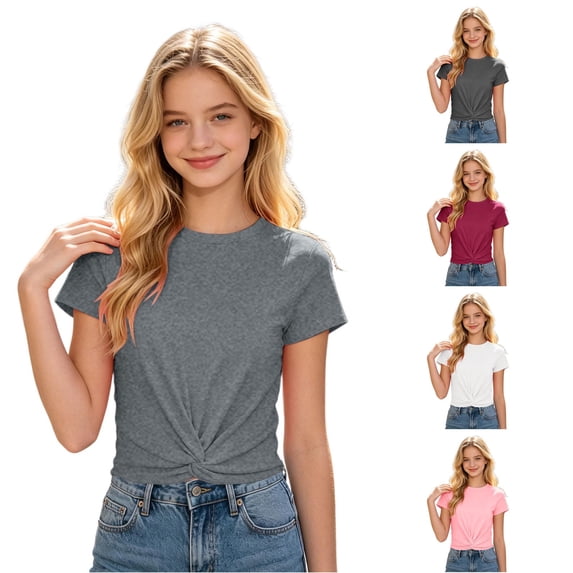 SGMVNU Crop Tops for Girls Crew Neck Short Sleeve Cross Knot Front Fashion Cropped Shirt Kids Streetwear Clothes, Size 11-12 Years, Grey
