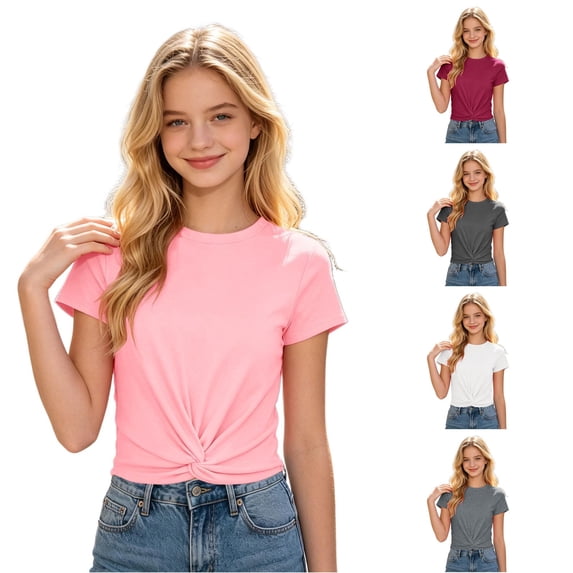 SGMVNU Crop Tops for Girls Crew Neck Short Sleeve Cross Knot Front Fashion Cropped Shirt Kids Streetwear Clothes, Size 15-16 Years, Pink