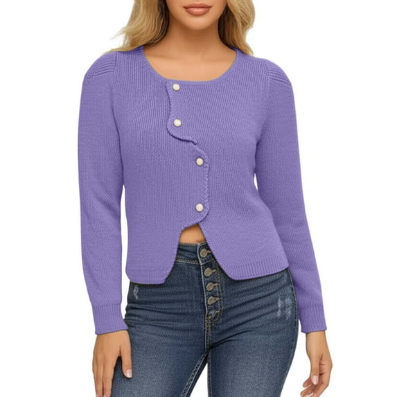 SGMVNU Cropped Cardigan Sweaters for Womens Button Up Long Sleeve Crewneck Fall Dressy Casual Knit Sweater Jackets(Purple, One Size)