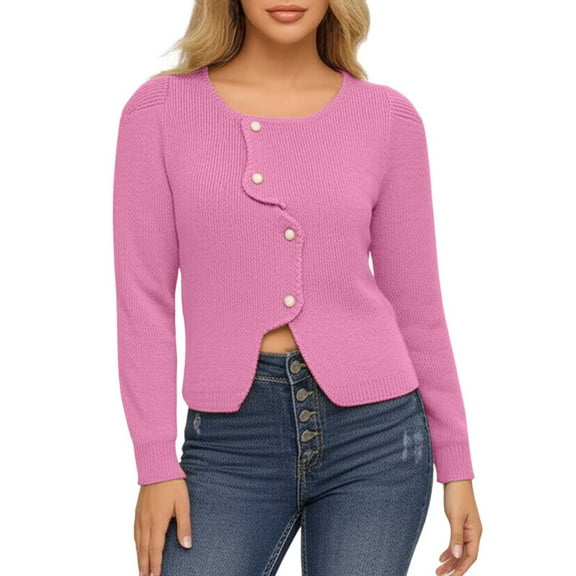 SGMVNU Cropped Cardigan Sweaters for Womens Button Up Long Sleeve Crewneck Fall Dressy Casual Knit Sweater Jackets(Red, One Size)