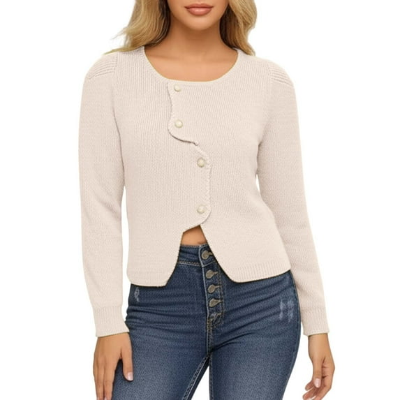 SGMVNU Cropped Cardigan Sweaters for Womens Button Up Long Sleeve Crewneck Fall Dressy Casual Knit Sweater Jackets(White, One Size)