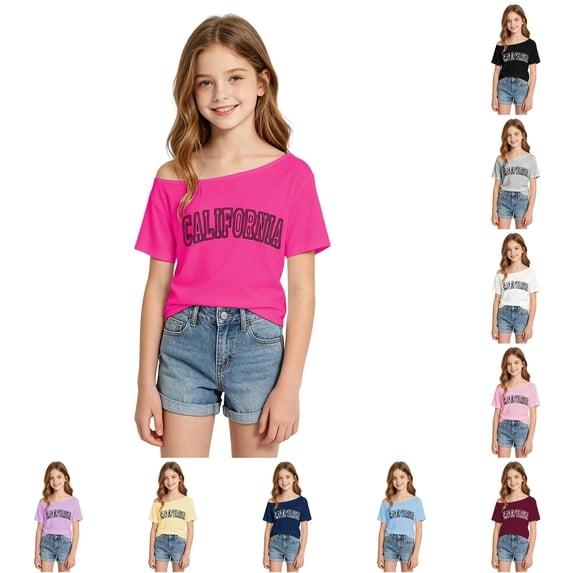 SGMVNU Cute Tops for Girls Off Shoulder Casual Crew Neck Short Sleeves City Name Graphic Top Girls Clothes, Size 10-11 Years, Hot Pink