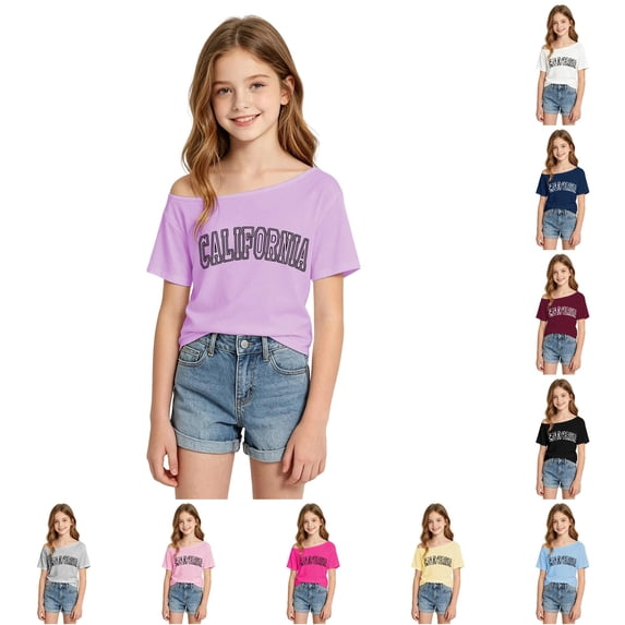 SGMVNU Cute Tops for Girls Off Shoulder Casual Crew Neck Short Sleeves City Name Graphic Top Girls Clothes, Size 11-12 Years, Purple