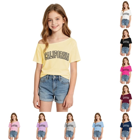 SGMVNU Cute Tops for Girls Off Shoulder Casual Crew Neck Short Sleeves City Name Graphic Top Girls Clothes, Size 8-9 Years, Yellow