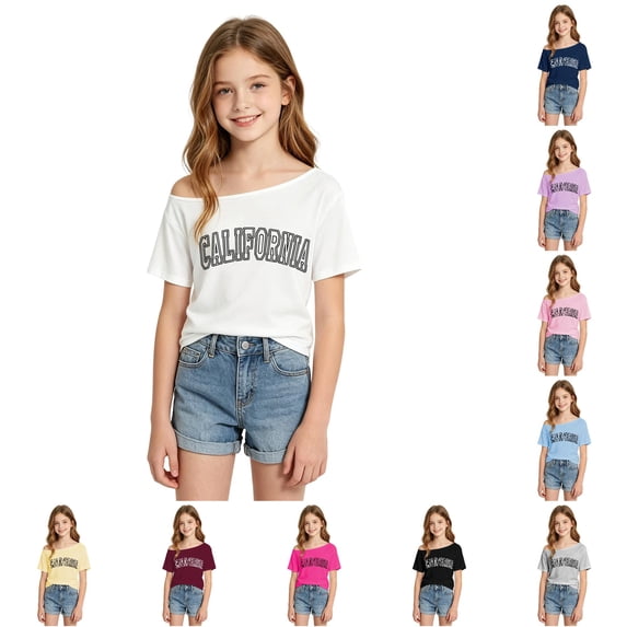 SGMVNU Cute Tops for Girls Off Shoulder Casual Crew Neck Short Sleeves City Name Graphic Top Girls Clothes, Size 9-10 Years, White