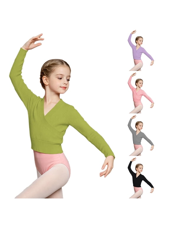 Dance Sweater for Girls Ribbed Knit V Neck Long Sleeve Knits Wrap Tops for Ballet/Gymnastics/Sports, Size 7-9 Years, Green