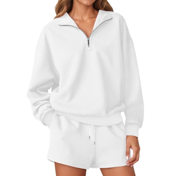 SGMVNU Fall Outfits for Women 2025 Fashion Quarter Zipper Sweatshirt Pullover and Shorts Set Sweatsuits 2 Piece Tracksuit(White, XL)