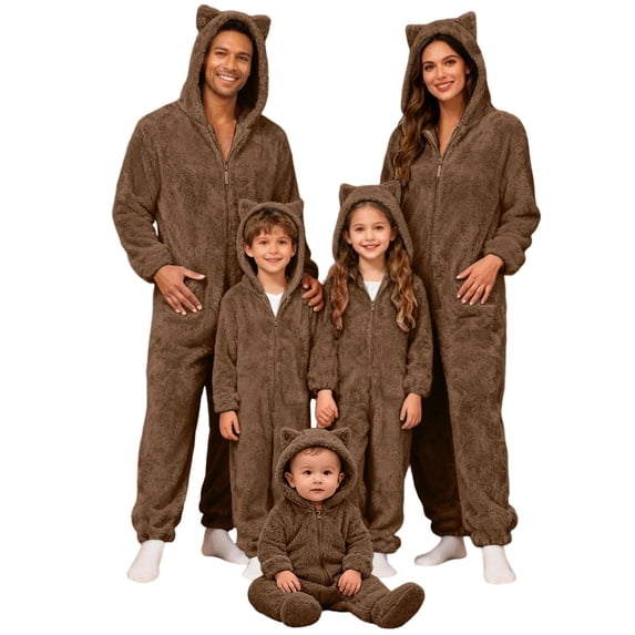 SGMVNU Family Christmas Hoodie Pajamas with Ears Hood Long Sleeve Zipper Sleepwear Christmas PJ's Festival Cozy Warm Loungewear(Baby, 0-3 Months, Coffee)