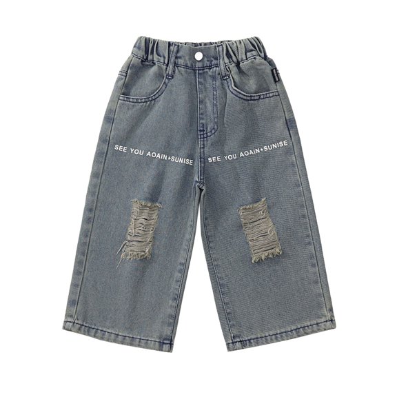 SGMVNU Fashion Girls Jeans for Everyday Outdoor Activities Ripped Denim Wide Leg Trousers Letter Print Ages 2-8 Soft Stretchy Comfort Jeans for Girls(Size 6-7 Years,Dark Blue)