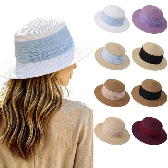 SGMVNU Fashion Sun Hats for Women, Wide Brim Retro Flat Top Panama Boater Straw Hats Vacation Beach Hat Packable, One Size, White