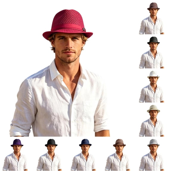 SGMVNU Fedora Hat for Men Breathable Mesh Wide Brim Lightweight Crushable Straw Sun Hats Beach Vacation, Red, One Size