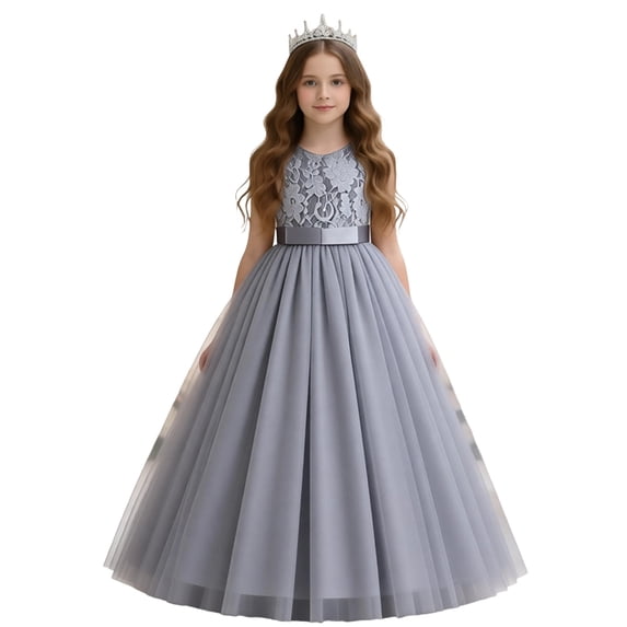 SGMVNU Flower Girls Dresses Sleeveless Princess Dress Girls Floral Dresses Size 10-12 A Line Wedding Pageant Lace Maxi Dress Prom Ball Gown(Size 9-10 Years,Grey)