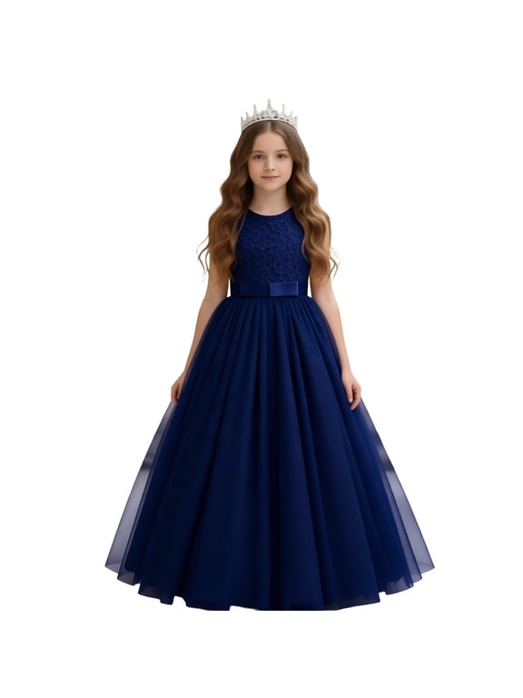 Flower Girls Dresses Sleeveless Princess Dress Girls Summer Dress Size 7 A Line Wedding Pageant Lace Maxi Dress Prom Ball Gown(Size 3-4 Years,Blue)