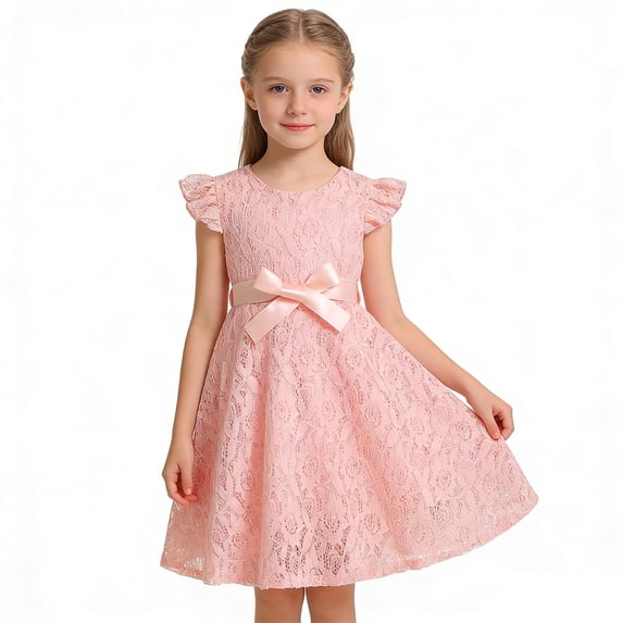 SGMVNU Flower Girls Lace Dress Ruffle Sleeveless Bow A Line Dresses Girl's Elegant Formal Party Gown Wedding Birthday Dress, Size 4-5 Years, Pink