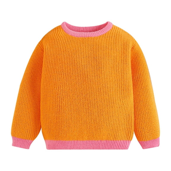 SGMVNU Girl Cozy Sweater Fall Tops - Contrast Color Foreign Style Knit Sweater, Crew Neck Top for Children's Autumn Baby Boys & Girls, Kid's Cute Knit Tops(Size 6-12 Months,Orange)