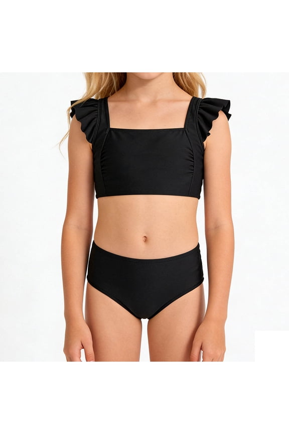 Girl Swimsuits Two Piece Bikini Set Girls Swimsuit Cover Up Cutout Bikini Top Bathing Suit Girls' Beach Swimwear(Size 9-10 Years,D1-Black)