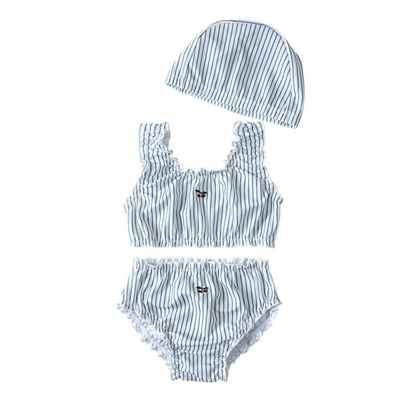 SGMVNU Girl's 2 Piece Swimsuit with Hat Floral Ruffle Trim Bathing Suit 3 Pcs Summer Beach Wear Baby Toddler Girls for Age 7-8 Years Kids, Blue