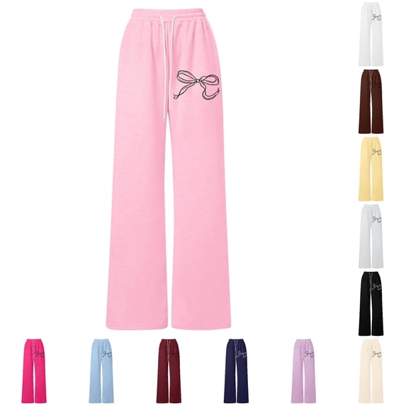 SGMVNU Girl's Baggy Sweatpants Bowknot Print Cute Wide Straight Leg Athletic Pants with Pockets Clothes for Girls, Size 8-9 Years, Pink