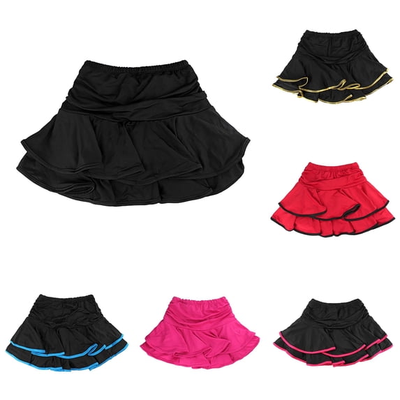 SGMVNU Girl's Dance Skirt Latin Ballroom Tango Skorts Practice Dress Wear Ruffles Mini Skirts with Built in Boyshorts, Black, Size 5-6 Years