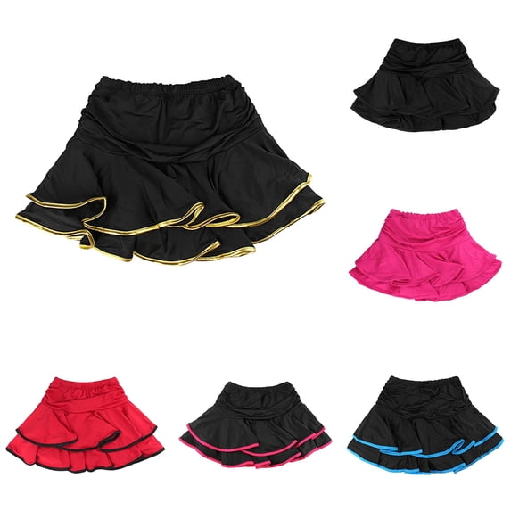 SGMVNU Girl's Dance Skirt Latin Ballroom Tango Skorts Practice Dress Wear Ruffles Mini Skirts with Built in Boyshorts, Gold, Size 5-6 Years